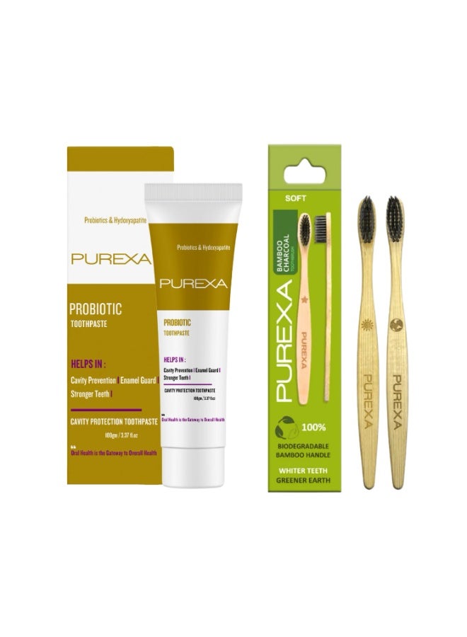 PUREXA Probiotic Toothpaste 100g | 2 Bamboo Brushes | Activated Charcoal & Baking Soda | Fresh Mint | Adults & Teens - Image 1