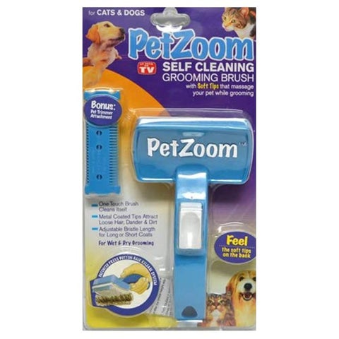 فرشاة PetZoom ذاتية التنظيف للعناية بالكلاب والقطط - تنظيف بلمسة واحدة - تشمل ملحق إضافي للتشذيب - أزرق