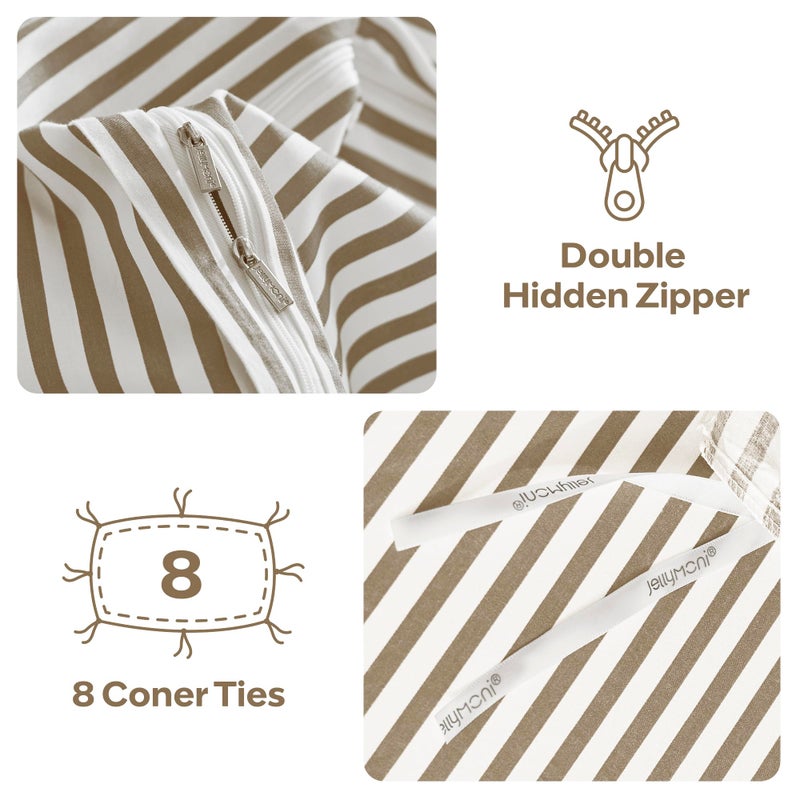JELLYMONI 100% Natural Cotton 2pcs Striped Duvet Cover Sets,White Duvet Cover with Khaki Stripes Pattern Printed Comforter Cover,with Zipper Closure & Corner Ties(Twin Size) - Image 4