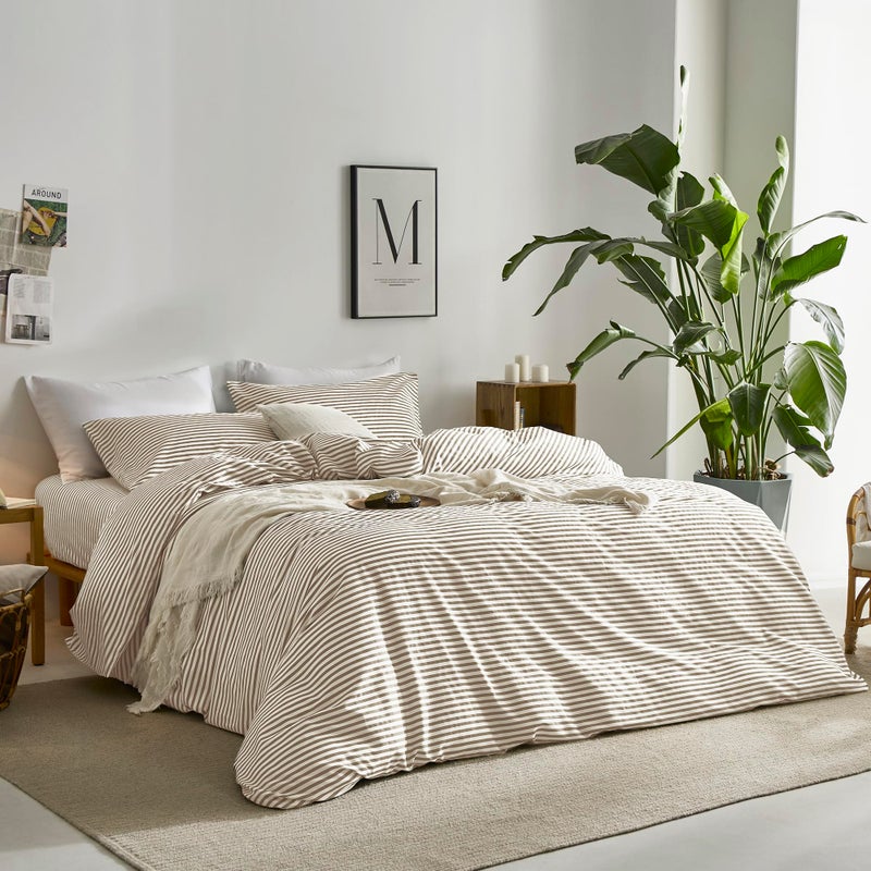 JELLYMONI 100% Natural Cotton 2pcs Striped Duvet Cover Sets,White Duvet Cover with Khaki Stripes Pattern Printed Comforter Cover,with Zipper Closure & Corner Ties(Twin Size) - Image 3