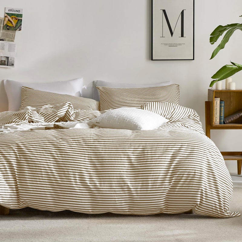 JELLYMONI 100% Natural Cotton 2pcs Striped Duvet Cover Sets,White Duvet Cover with Khaki Stripes Pattern Printed Comforter Cover,with Zipper Closure & Corner Ties(Twin Size) - Image 1