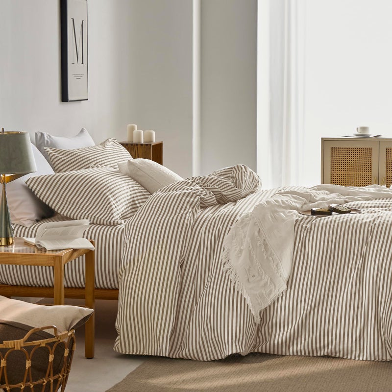 JELLYMONI 100% Natural Cotton 2pcs Striped Duvet Cover Sets,White Duvet Cover with Khaki Stripes Pattern Printed Comforter Cover,with Zipper Closure & Corner Ties(Twin Size) - Image 2