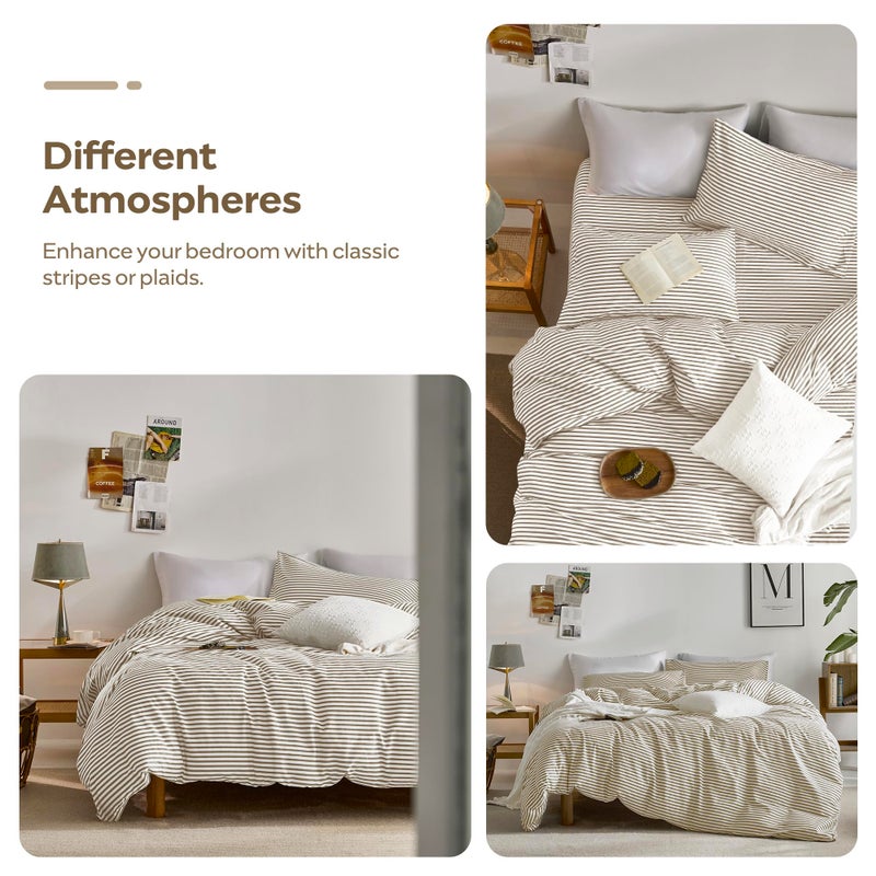 JELLYMONI 100% Natural Cotton 2pcs Striped Duvet Cover Sets,White Duvet Cover with Khaki Stripes Pattern Printed Comforter Cover,with Zipper Closure & Corner Ties(Twin Size) - Image 5