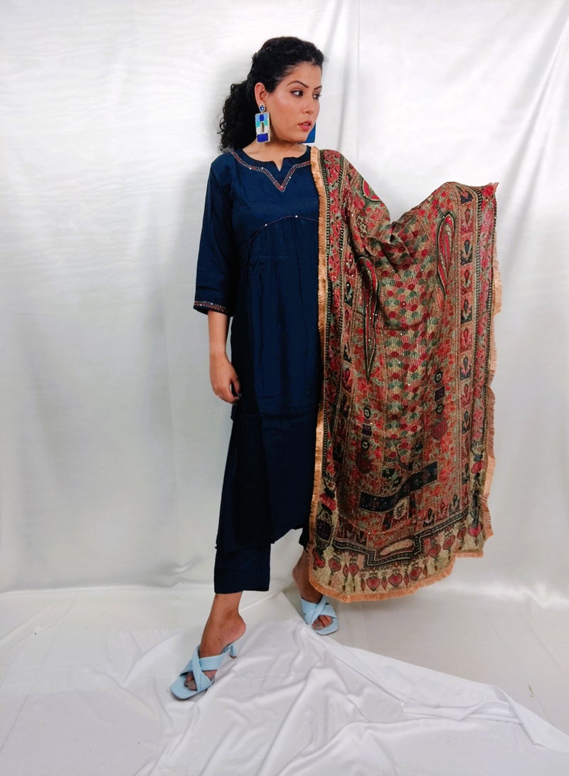PRIYA’S PANACHE PRIYA'S PANACHE Blue Muslin Straight Kurta Pant Set with Printed Dupatta – Ethnic Festival & Partywear for Women - Image 1