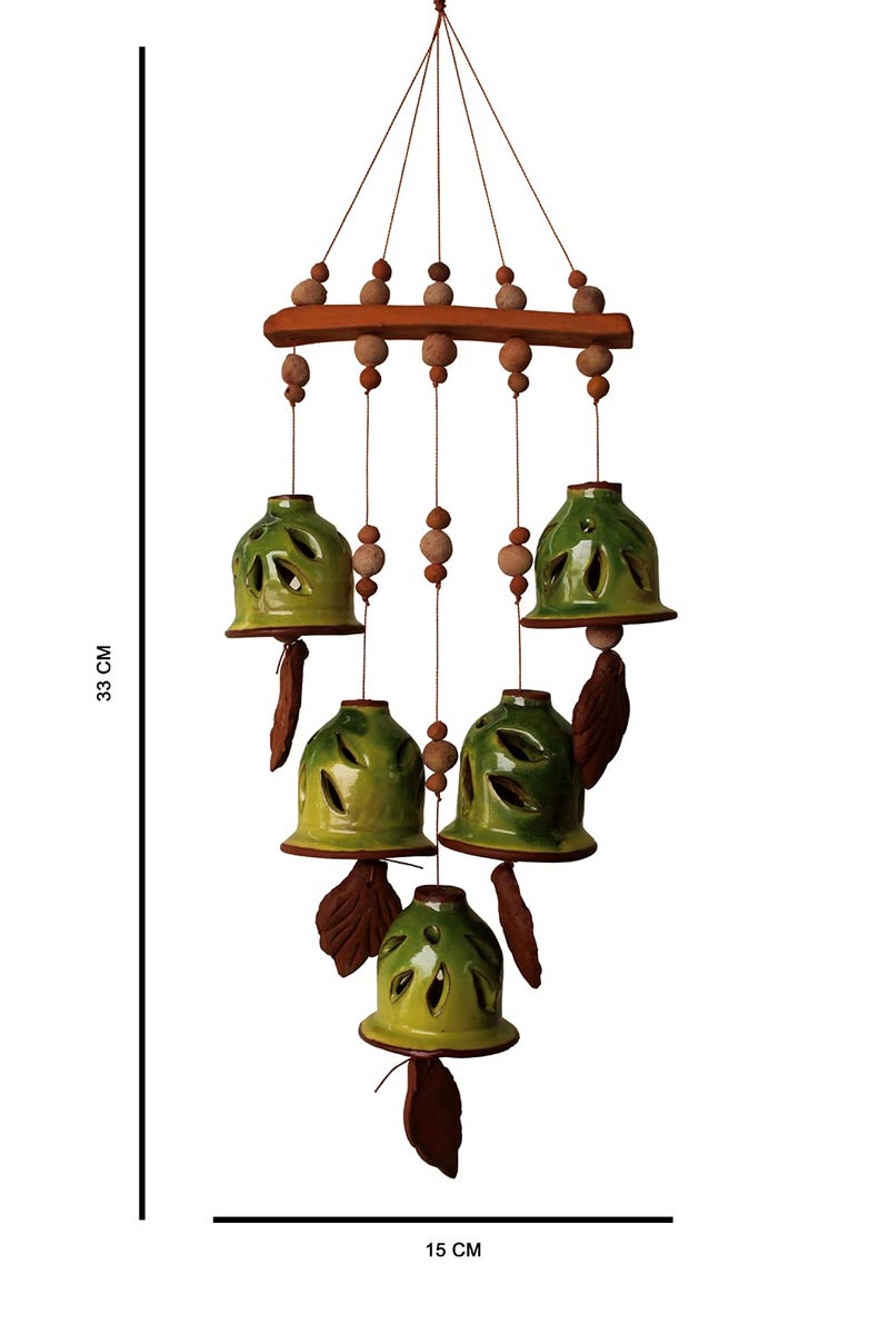 DEVICE OF ESVAR STONECRAFT ...EVERY STROY IS UNIQUE EVERY HOME IS DIFFERENT..... ES ESVAR STONECRAFT Terracotta Ceramic Coated Green Wind Chimes with Five Bells of Straight Design Handmade Craft with Melodious Sound Bells33cm Long - Image 3