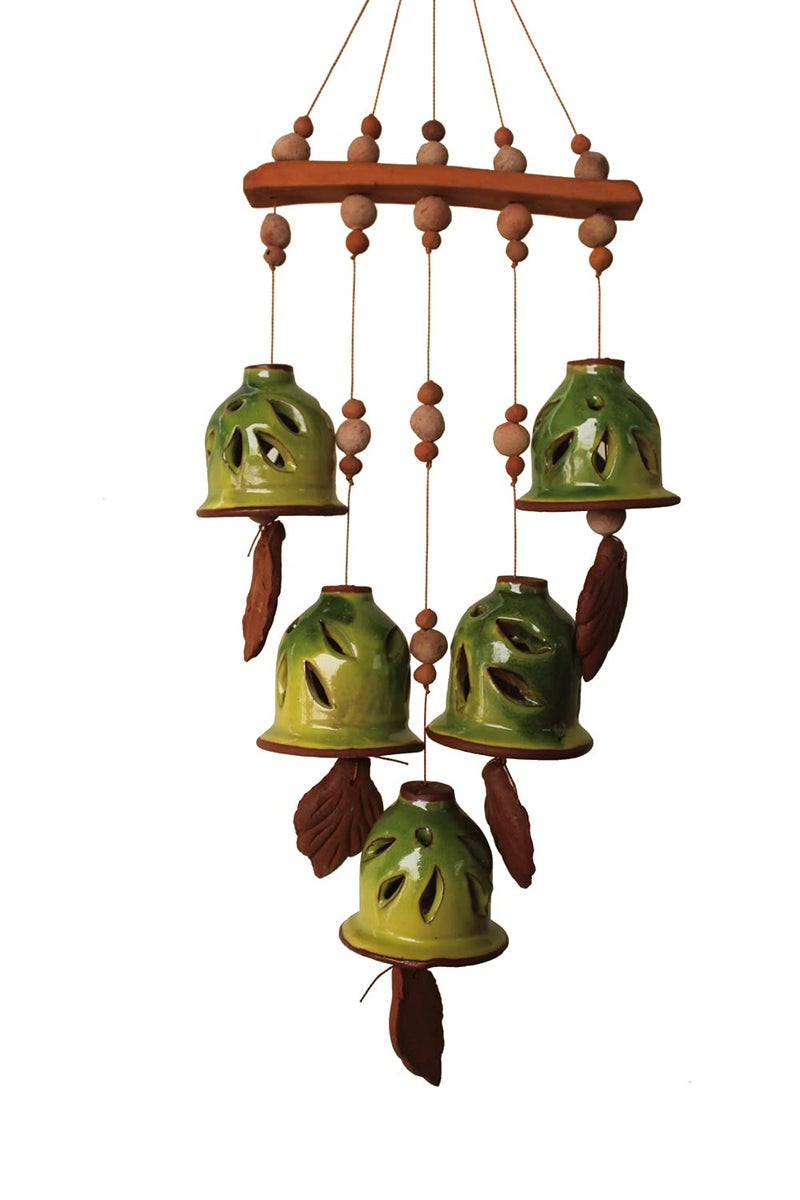 DEVICE OF ESVAR STONECRAFT ...EVERY STROY IS UNIQUE EVERY HOME IS DIFFERENT..... ES ESVAR STONECRAFT Terracotta Ceramic Coated Green Wind Chimes with Five Bells of Straight Design Handmade Craft with Melodious Sound Bells33cm Long - Image 2