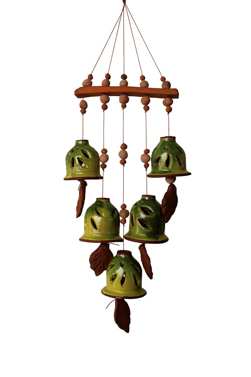 DEVICE OF ESVAR STONECRAFT ...EVERY STROY IS UNIQUE EVERY HOME IS DIFFERENT..... ES ESVAR STONECRAFT Terracotta Ceramic Coated Green Wind Chimes with Five Bells of Straight Design Handmade Craft with Melodious Sound Bells33cm Long - Image 4