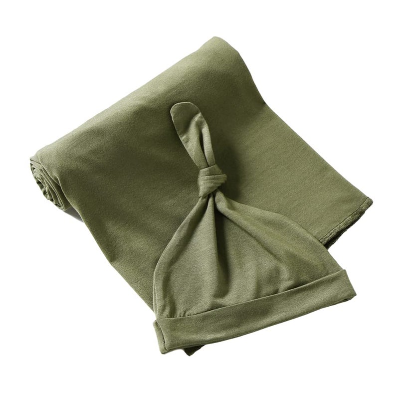 iEvolve Cotton Knitted Baby Swaddle Blanket with Hat Headband Set Newborn Swaddle Wrap Receiving Blankets for Baby Girl Boy 35" x 35"(OliverGreen) - Image 3