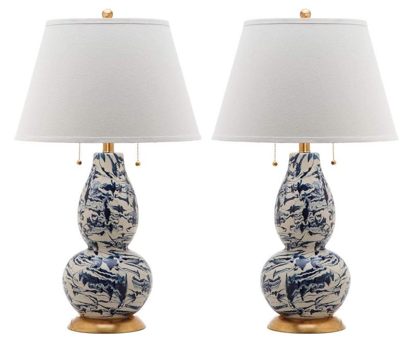 مجموعة إضاءة سافافييه مصابيح طاولة زجاجية بتصميم دوامات باللونين الأزرق والأبيض مجموعة من 2