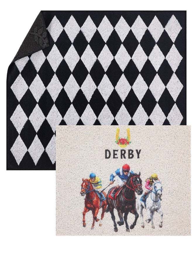 Dunzy 2 Pcs Derby Doormats Horse Race Layered Front Door Mats Non Slip Floor Coir Rugs Black and White Layered Checkered Doormats for Porch Entryway Indoor Outdoor Home Decor - Image 1