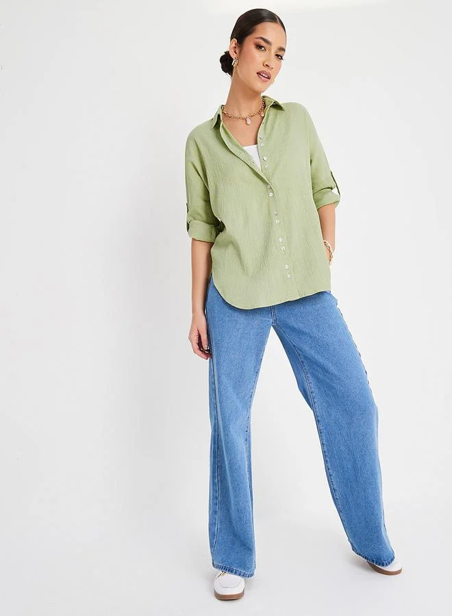 Styli Oversized Roll-Up Sleeve Crepe Longline Shirt