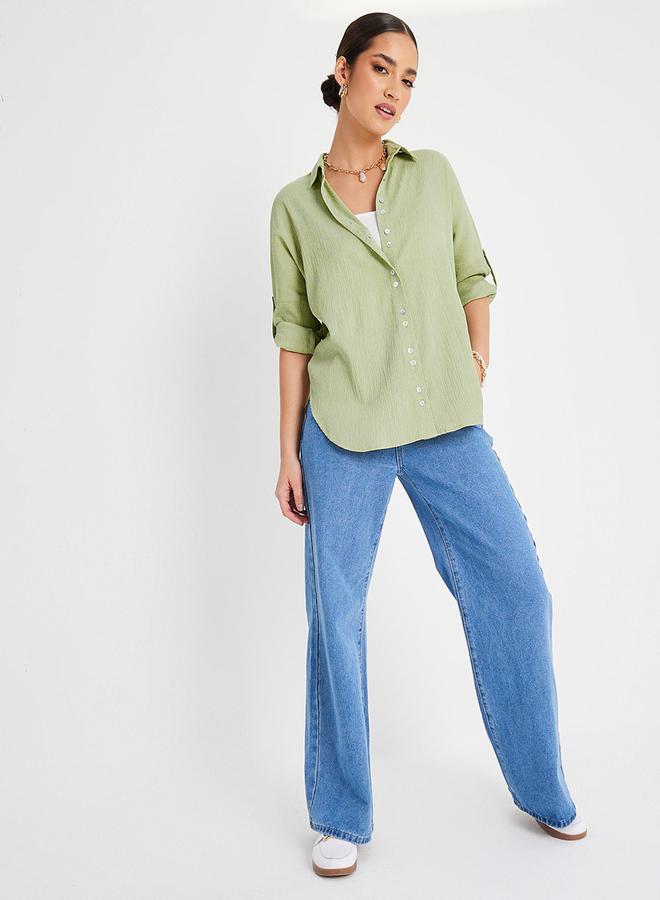 Styli Oversized Roll-Up Sleeve Crepe Longline Shirt  - Image 2