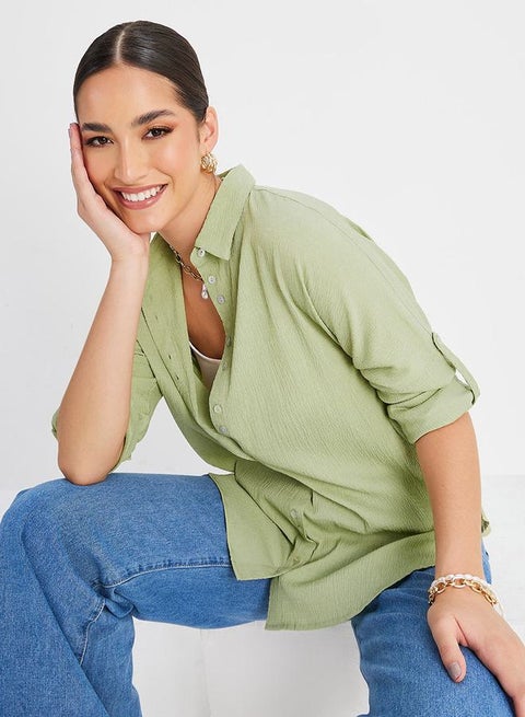 Oversized Roll-Up Sleeve Crepe Longline Shirt
