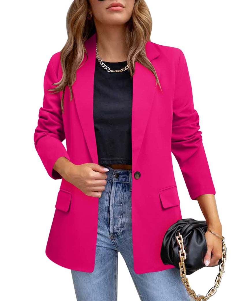 CRAZY GRID Womens Casual Blazer Long Sleeve Business Suit Jacket Open Front Button Work Office Blazer Jacket Fashion Dressy Ladies Blazer Rose Madder Red Size Medium - Image 1