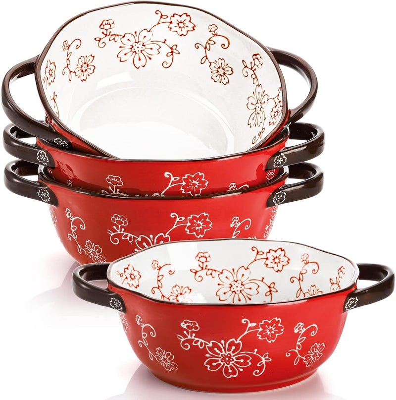 AVLA 4 Pack Ceramic Soup Bowls, 22 Ounces Porcelain Serving Bowl Set with Doundle Handle, Large Ceramic Crocks for French Onion Soup, Stew, Pasta, Cereal, Pot Pies (Red) - Image 1