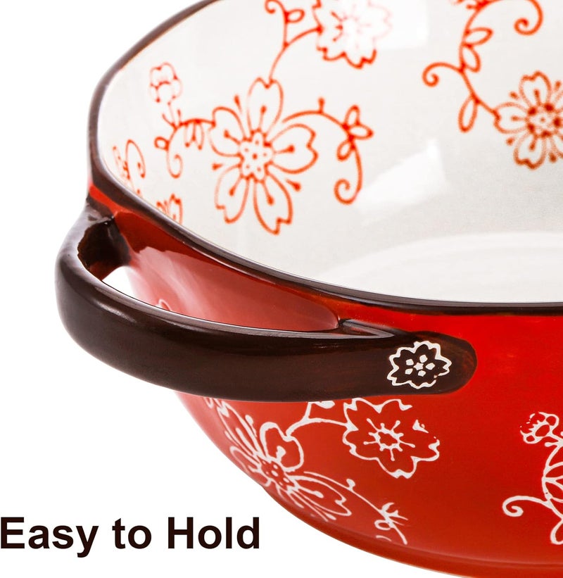 AVLA 4 Pack Ceramic Soup Bowls, 22 Ounces Porcelain Serving Bowl Set with Doundle Handle, Large Ceramic Crocks for French Onion Soup, Stew, Pasta, Cereal, Pot Pies (Red) - Image 4