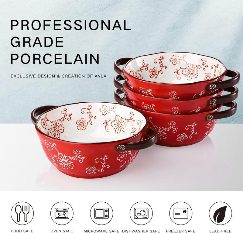 AVLA 4 Pack Ceramic Soup Bowls, 22 Ounces Porcelain Serving Bowl Set with Doundle Handle, Large Ceramic Crocks for French Onion Soup, Stew, Pasta, Cereal, Pot Pies (Red) - Image 3