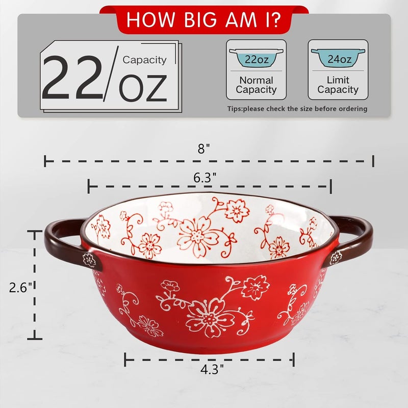 AVLA 4 Pack Ceramic Soup Bowls, 22 Ounces Porcelain Serving Bowl Set with Doundle Handle, Large Ceramic Crocks for French Onion Soup, Stew, Pasta, Cereal, Pot Pies (Red) - Image 2