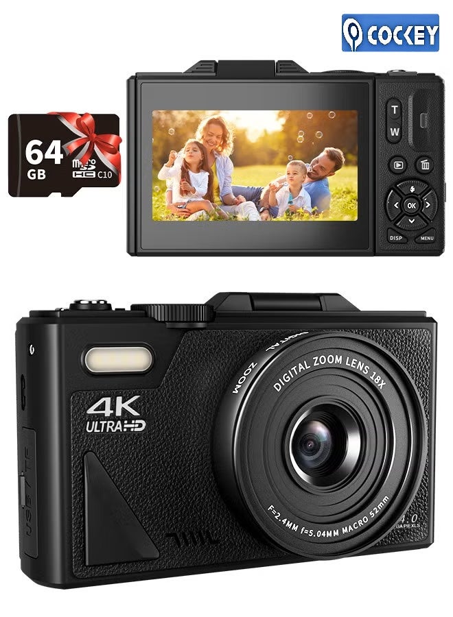 كوكي كاميرا 4K الرقمية، كاميرا 64MP الرقمية 18X التكبير الرقمي، الكاميرات الرقمية مع 64 جيجابايت SD، كاميرا محمولة مع وظيفة كاميرا الويب، كاميرا فيديو التركيز التلقائي مع 3 بوصة شاشة انعكاس، كاميرا تسجيل للسفر، الكاميرا الرقمية كهدية - Image 1