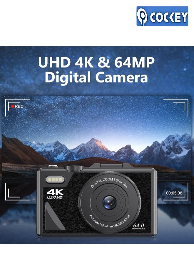 كوكي كاميرا 4K الرقمية، كاميرا 64MP الرقمية 18X التكبير الرقمي، الكاميرات الرقمية مع 64 جيجابايت SD، كاميرا محمولة مع وظيفة كاميرا الويب، كاميرا فيديو التركيز التلقائي مع 3 بوصة شاشة انعكاس، كاميرا تسجيل للسفر، الكاميرا الرقمية كهدية - Image 2