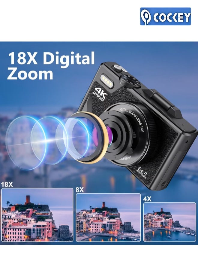 كوكي كاميرا 4K الرقمية، كاميرا 64MP الرقمية 18X التكبير الرقمي، الكاميرات الرقمية مع 64 جيجابايت SD، كاميرا محمولة مع وظيفة كاميرا الويب، كاميرا فيديو التركيز التلقائي مع 3 بوصة شاشة انعكاس، كاميرا تسجيل للسفر، الكاميرا الرقمية كهدية - Image 3