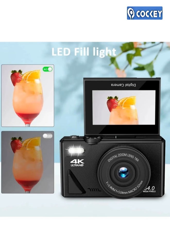 كوكي كاميرا 4K الرقمية، كاميرا 64MP الرقمية 18X التكبير الرقمي، الكاميرات الرقمية مع 64 جيجابايت SD، كاميرا محمولة مع وظيفة كاميرا الويب، كاميرا فيديو التركيز التلقائي مع 3 بوصة شاشة انعكاس، كاميرا تسجيل للسفر، الكاميرا الرقمية كهدية - Image 4
