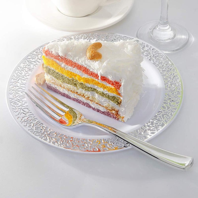 WDF أطباق حلوى بلاستيكية فضية 100 قطعة 7.5" مع 100 شوكة قابلة للتصرف 7.4" أطباق فضية مقبلات أطباق صغيرة أطباق سلطة فاخرة وأطباق كعك للحفلات/الزفاف - Image 5
