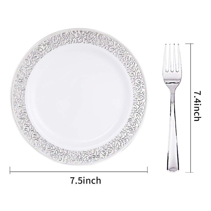 WDF أطباق حلوى بلاستيكية فضية 100 قطعة 7.5" مع 100 شوكة قابلة للتصرف 7.4" أطباق فضية مقبلات أطباق صغيرة أطباق سلطة فاخرة وأطباق كعك للحفلات/الزفاف - Image 2