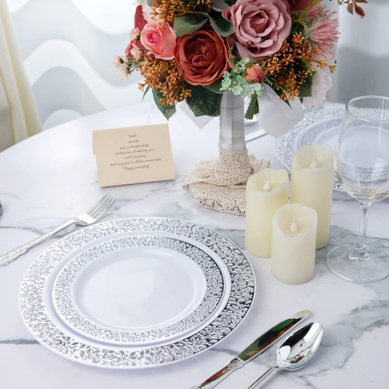 WDF أطباق حلوى بلاستيكية فضية 100 قطعة 7.5" مع 100 شوكة قابلة للتصرف 7.4" أطباق فضية مقبلات أطباق صغيرة أطباق سلطة فاخرة وأطباق كعك للحفلات/الزفاف - Image 4