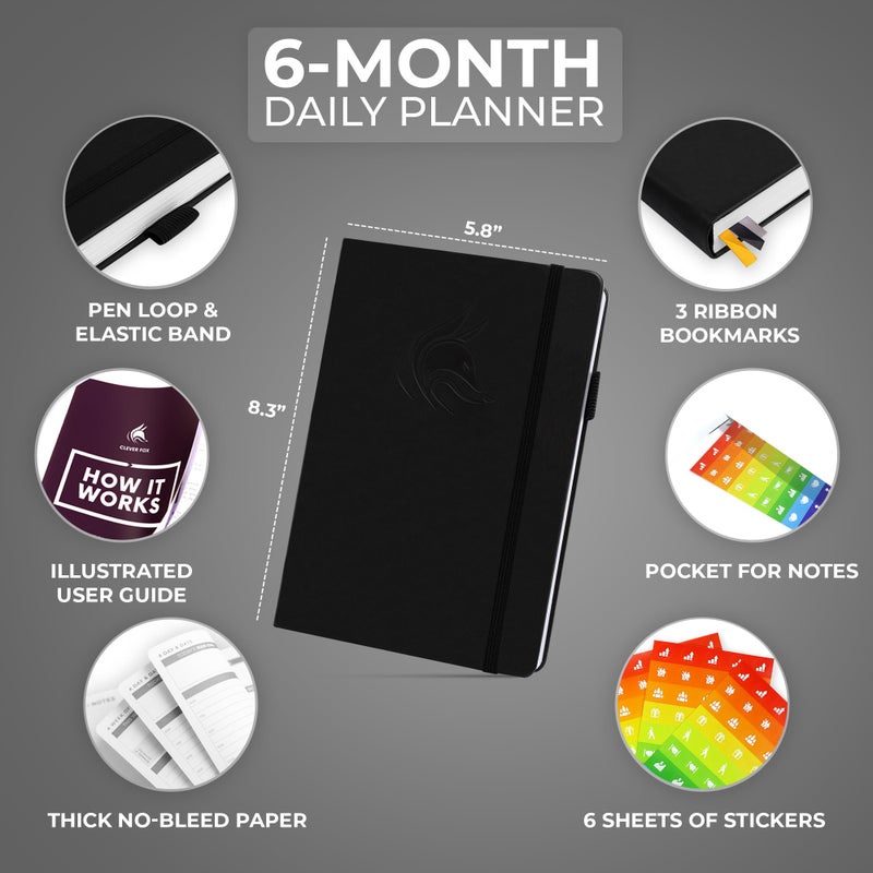 Clever Fox Daily Planner â€“ Undated Planning Notebook with Hourly Schedule & To-Do List â€“ Personal Day Task & Work Organizer, 6 Months (Black) - Image 2