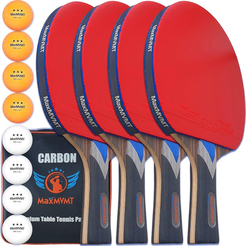MVMT Ping Pong Paddle Set of 4 - Carbon Fiber 7 Ply Rackets - 2 Wristbands - 8 Balls - 1 Rubber Cleaner Sponge - Premium ITTF Approved Rubber - Complete 4 Player Table Tennis Setup - Carry Case - Image 1