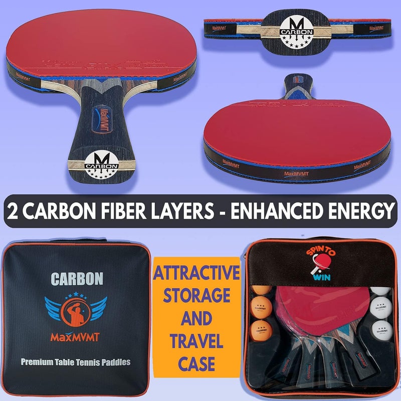 MVMT Ping Pong Paddle Set of 4 - Carbon Fiber 7 Ply Rackets - 2 Wristbands - 8 Balls - 1 Rubber Cleaner Sponge - Premium ITTF Approved Rubber - Complete 4 Player Table Tennis Setup - Carry Case - Image 3