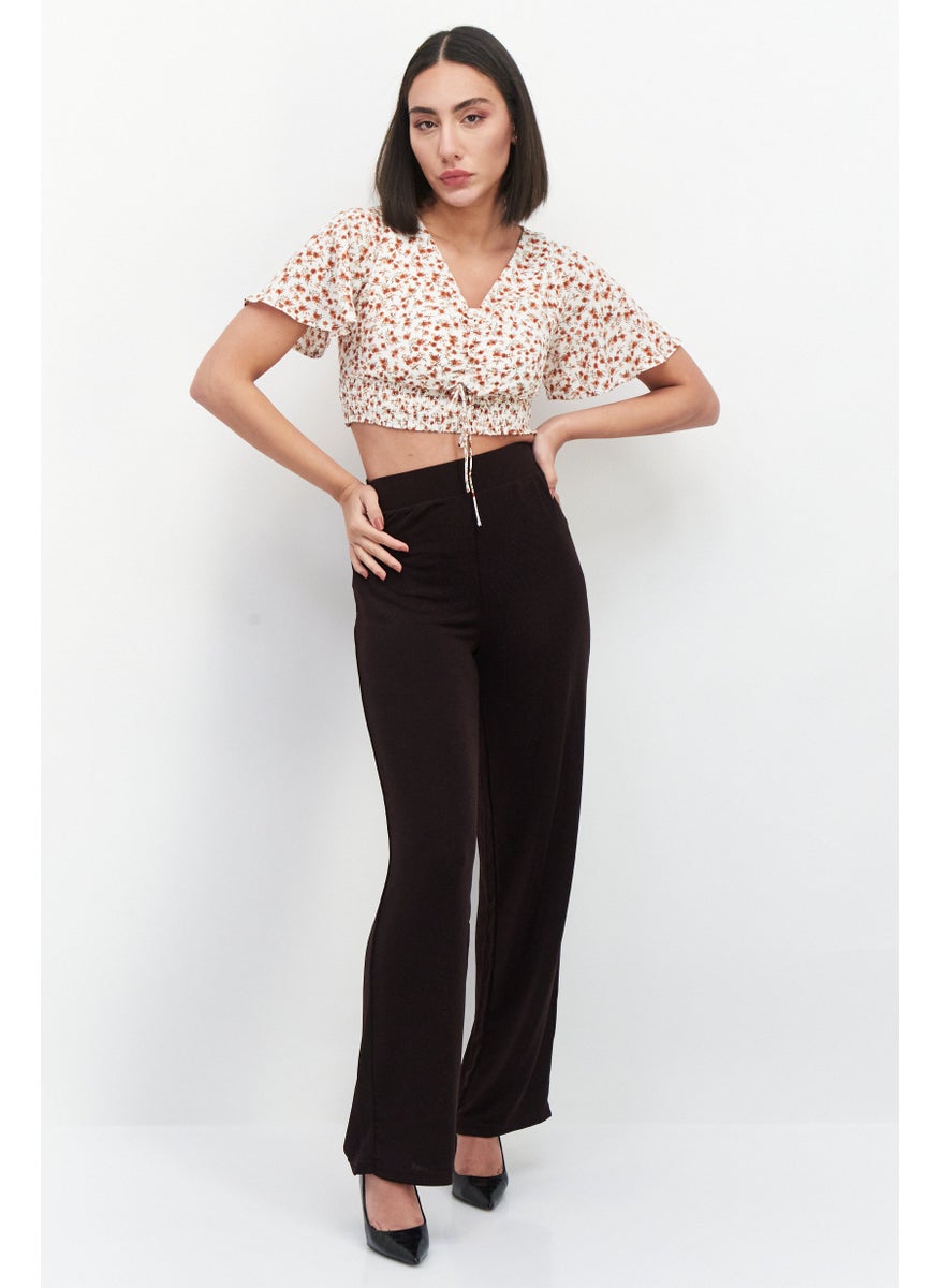 VERO MODA - Women V Neck Short Sleeves Floral Print Crop Top, Brown Combo - Image 1