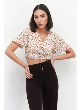 Women V Neck Short Sleeves Floral Print Crop Top, Brown Combo