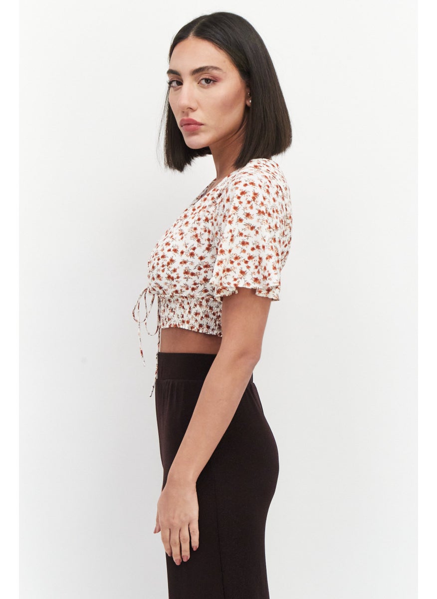 VERO MODA - Women V Neck Short Sleeves Floral Print Crop Top, Brown Combo - Image 1