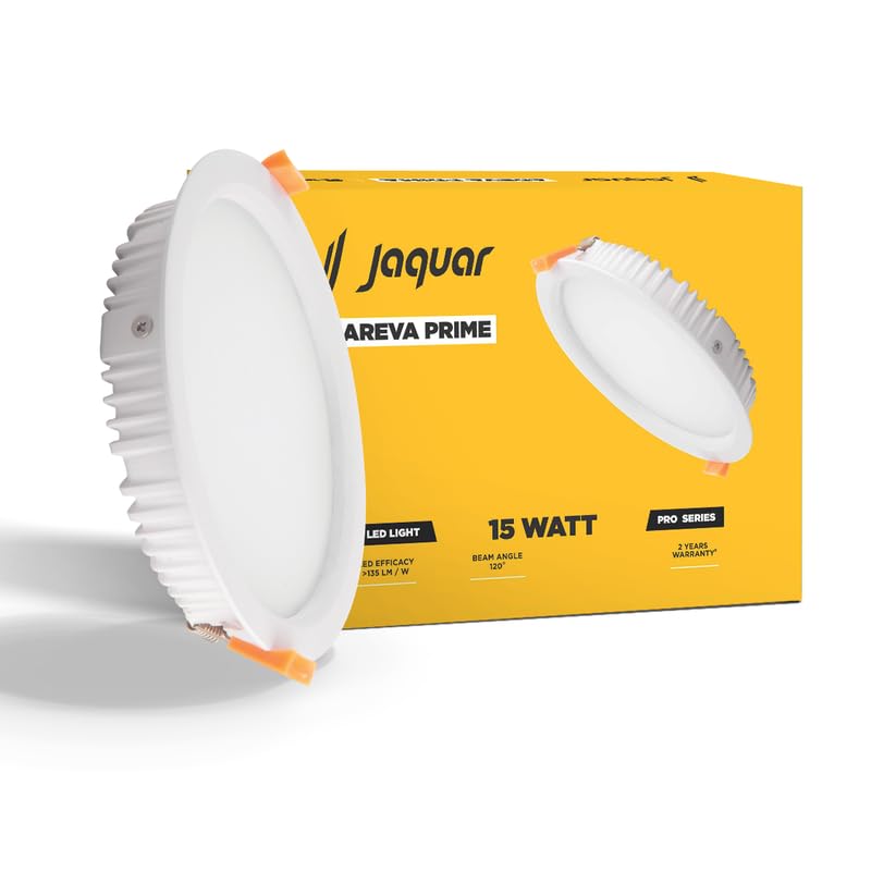 Jaquar 15W Areva Prime Round Downlight with Aluminum housing | 5 Year Warranty | Warm White (3000k) Sleek Backlit Design | Recessed Mounted False Ceiling | 105 mm Cutout |120x28 mm (Pack 1) - Image 1