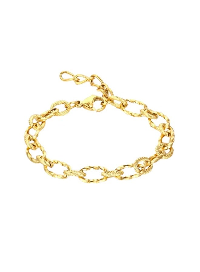 Luxuria The gold chain bracelet on display features a hammered oval ring design. These large, thick rings give the bracelet a distinctive and sturdy look. - Image 1