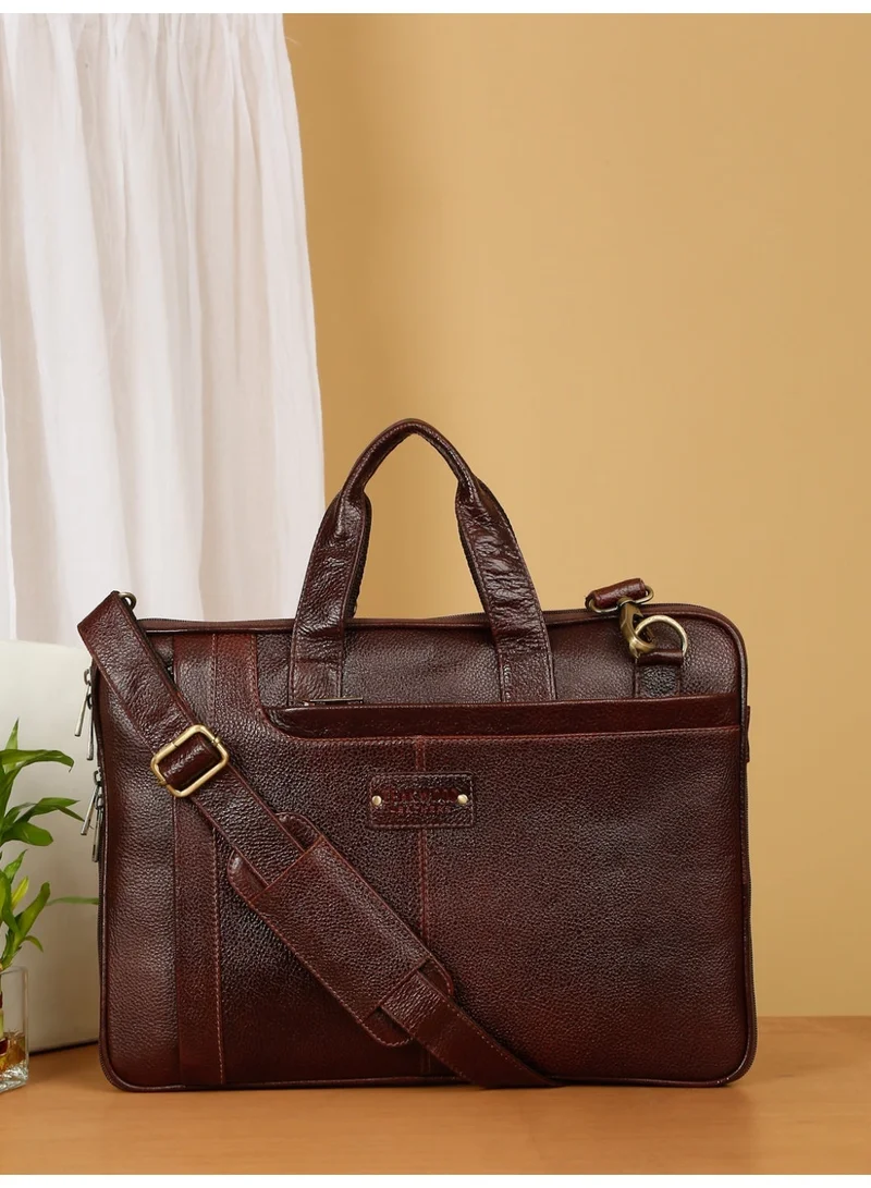 Teakwood Teakwood Leathers Genuine Leather Laptop Bag for Men & Women | 16 Inch Laptop Compartment | Expandable Storage with Bottom Zipper | Dual Front Zip Pockets | Internal Organizer & Rear Zip Pocket | Detachable Shoulder Strap | Office, Business Travel & Work Briefcase | Brown