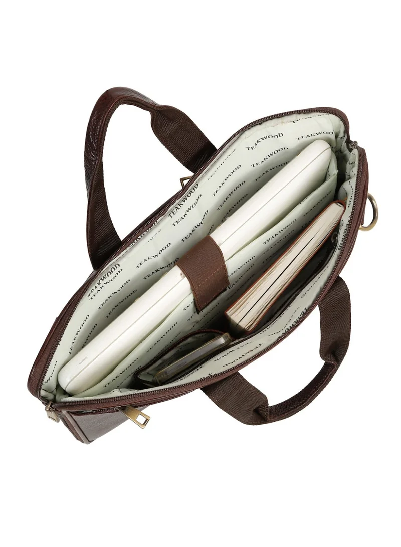 Teakwood  Teakwood Leathers Genuine Leather Laptop Bag for Men & Women | 16 Inch Laptop Compartment | Expandable Storage with Bottom Zipper | Dual Front Zip Pockets | Internal Organizer & Rear Zip Pocket | Detachable Shoulder Strap | Office, Business Travel & Work Briefcase | Brown  | Best Price UAE