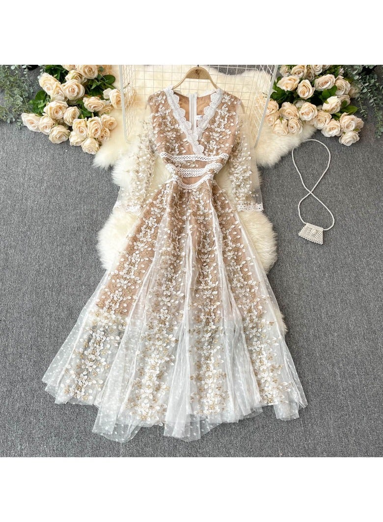 KUYING New Heavy Industry Embroidered Flower Mid Sleeve High end Dress - Image 1