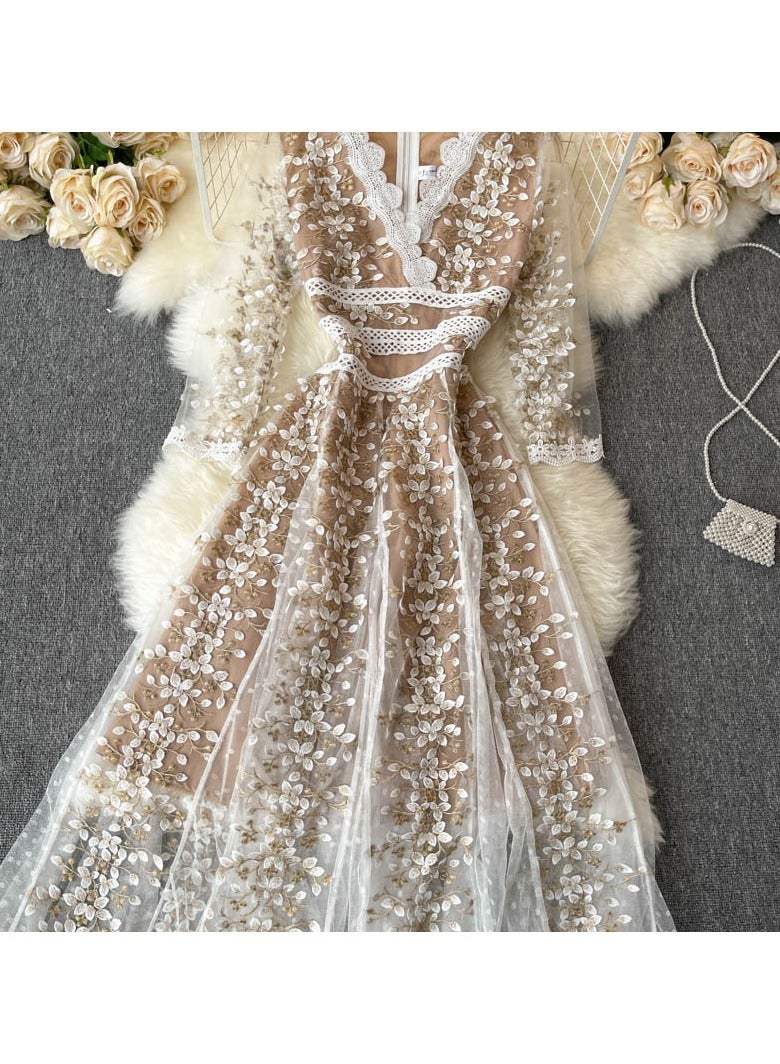 KUYING New Heavy Industry Embroidered Flower Mid Sleeve High end Dress - Image 3