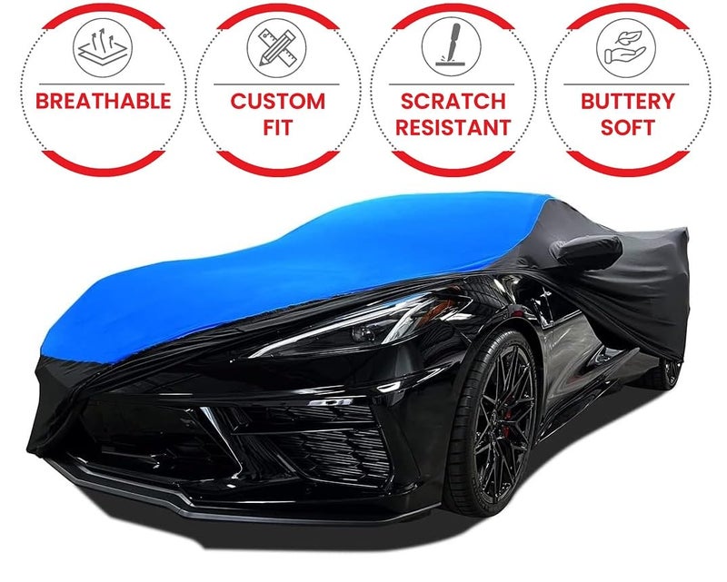 SR1 Performance C8 Corvette Ultraguard Stretch Satin Indoor Car Cover : Sport Series - The Ultimate High End Custom Fit for 2020-2025 Stingray, Z06, Z51, E-Ray Corvettes (Blue/Black) - Image 2