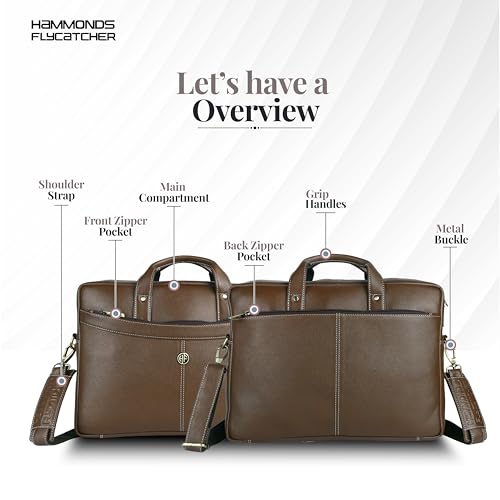 HAMMONDS FLYCATCHER Genuine Leather Office Bag for Men, 15.6 Inch Professional Brushwood Color Laptop Bag for Men, Adjustable Strap & Multi Compartments, 1 Year Warranty - Office, Travel, Daily Use - Image 3