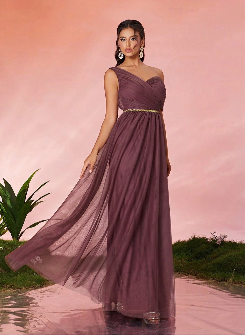 ميرين فستان أنيق من التول الأرجواني الأنيق ذو كتف واحد - ضروري للحفلات والأمسيات - Image 3