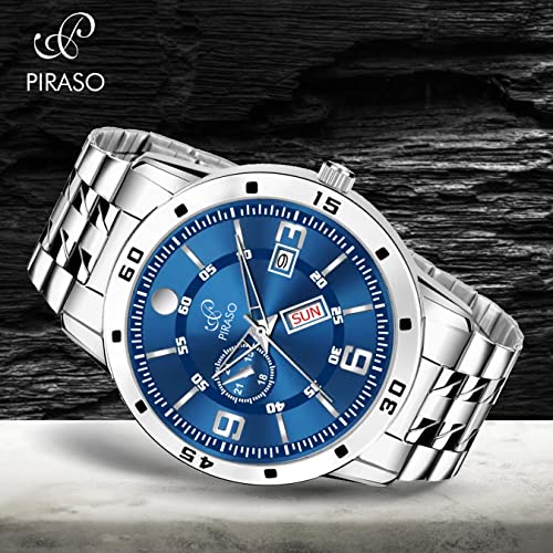 PIRASO Analog Day and Date Working Display Regular Blue DIAL&Silver Chain Watch for Men&Boys - Image 4