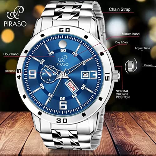 PIRASO Analog Day and Date Working Display Regular Blue DIAL&Silver Chain Watch for Men&Boys - Image 5