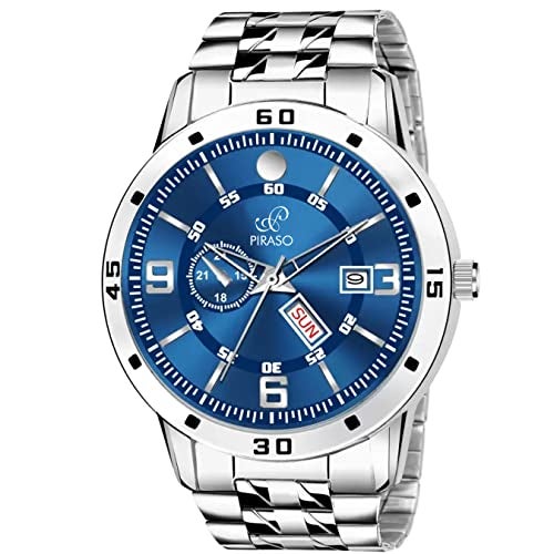 PIRASO Analog Day and Date Working Display Regular Blue DIAL&Silver Chain Watch for Men&Boys - Image 1