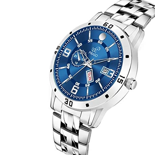 PIRASO Analog Day and Date Working Display Regular Blue DIAL&Silver Chain Watch for Men&Boys - Image 2