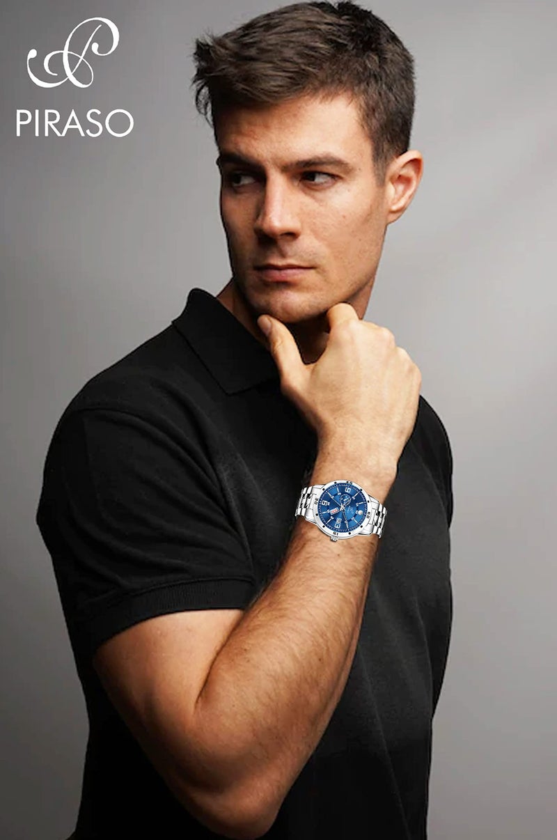 PIRASO Analog Day and Date Working Display Regular Blue DIAL&Silver Chain Watch for Men&Boys - Image 3