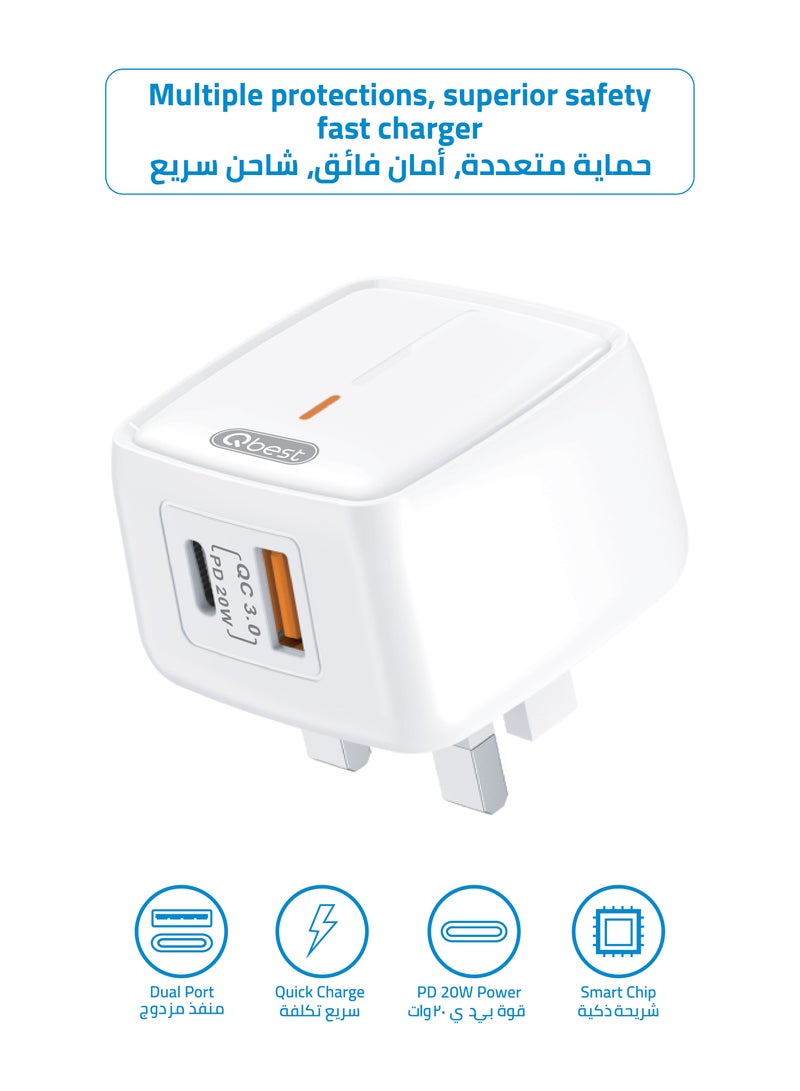 Qbest 20W Type-C PD & QC 3.0 USB Dual Port Quick Power Charger Adapter – High-Speed Charging with Smart IC, 2 Ports for Fast Power Delivery - Image 1